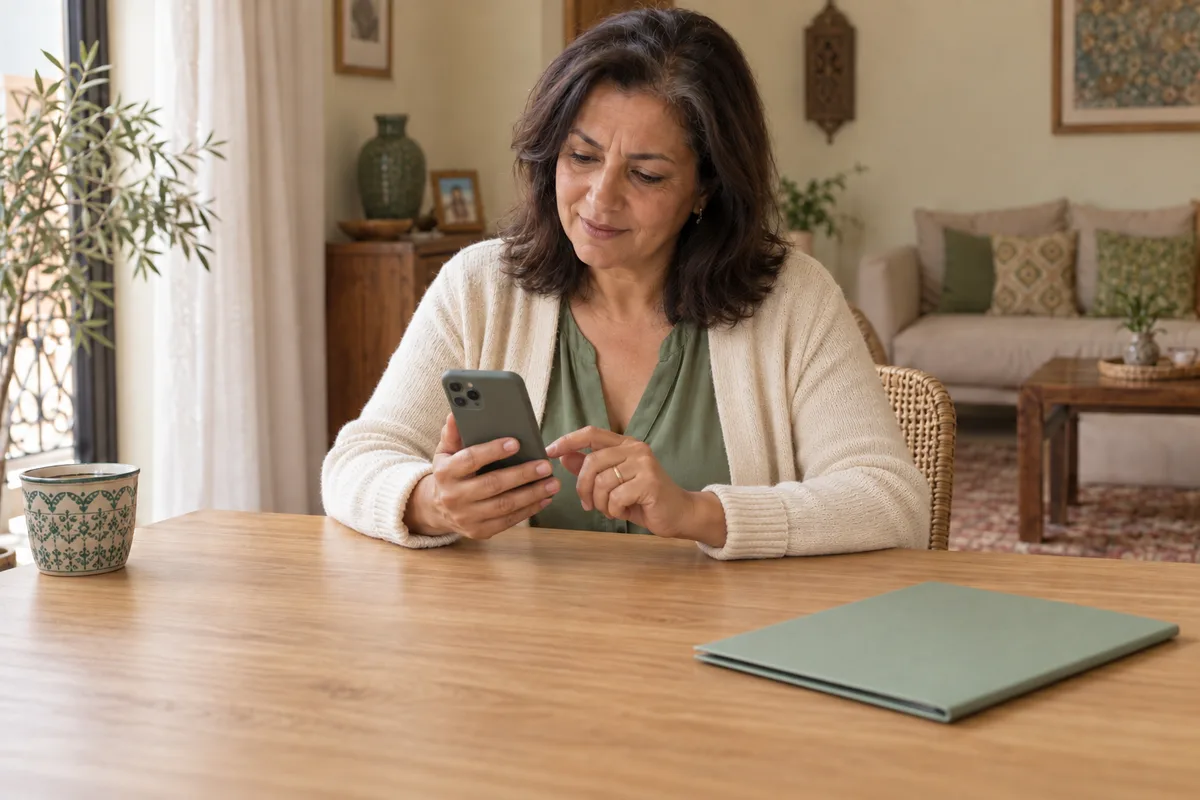 The same woman calmly finding her health documents on her phone at a tidy table.