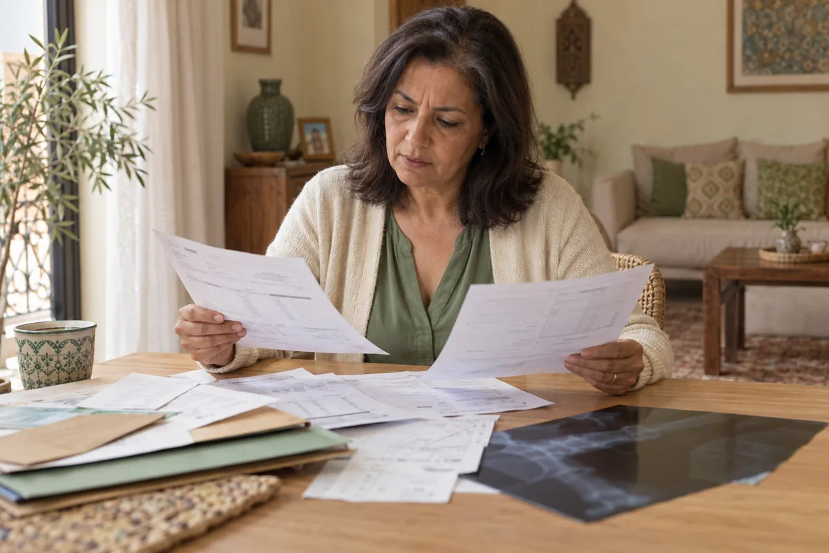 A woman searching for a report among scattered medical papers at home.