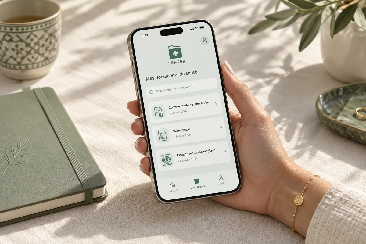A hand holding a phone displaying an illustrative SEHTEK document archive.