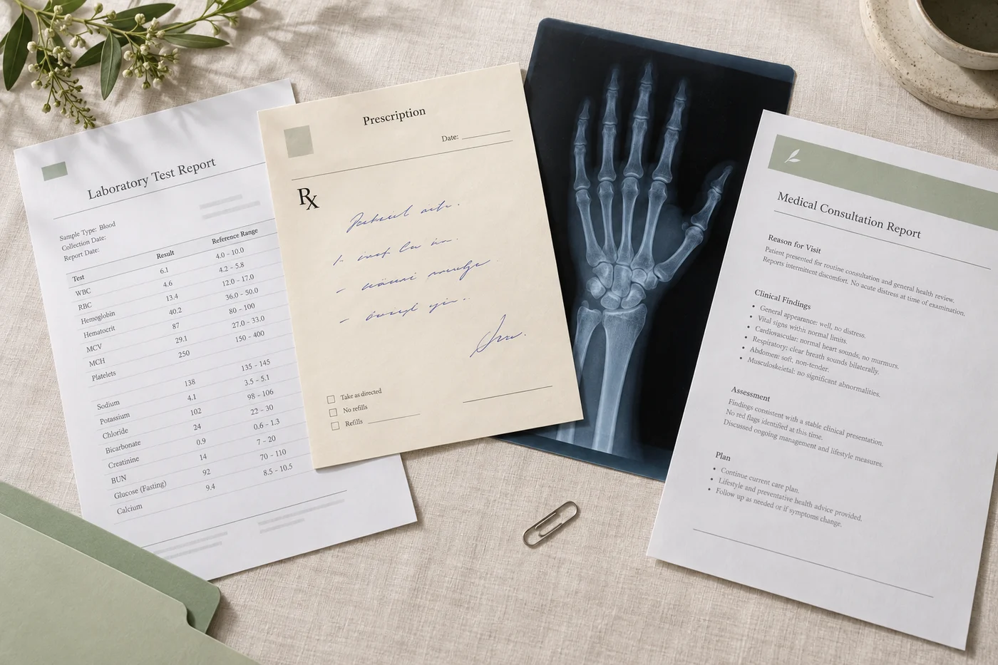 Lab results, Prescriptions, X-rays & scans, Medical reports